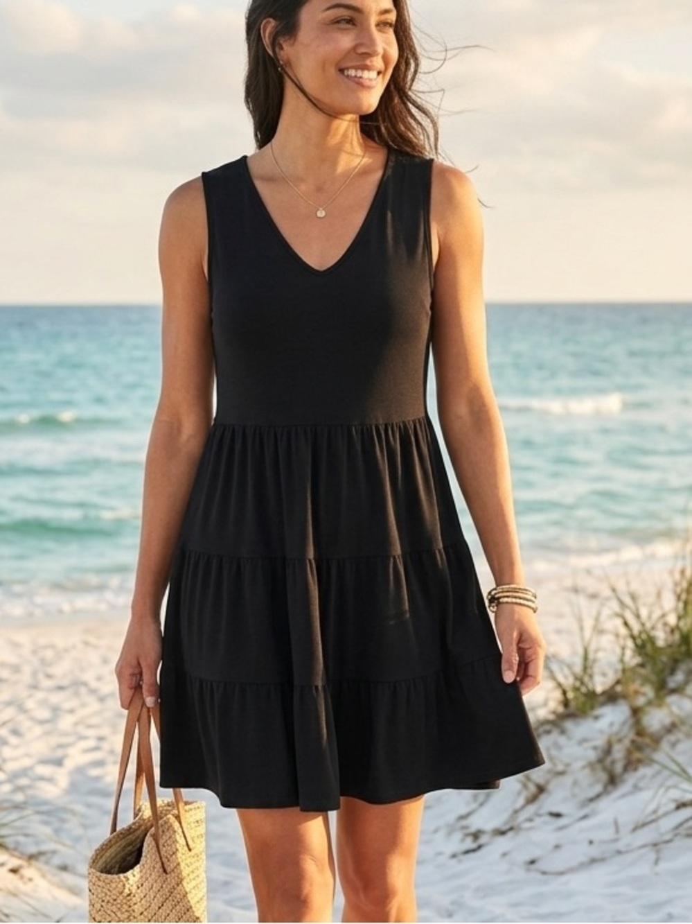 Green Envelope Black V-Neck Sleeveless Tiered Dress size XL